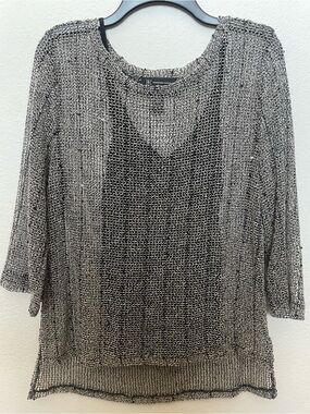 INC International Concepts Black Metallic Open-Knit Top L